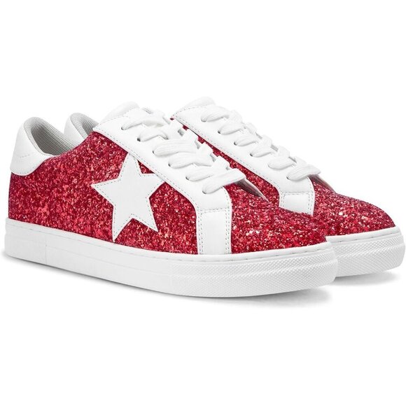Shoes - Women's Red Rhinestone Glitter Star Low Top Comfortable Walking Sneakers Shoes